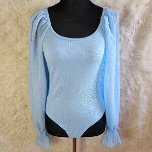 Spadehill Women's Blue Swiss Dots Flounce Sleeve Square Neck Bodysuit Size S